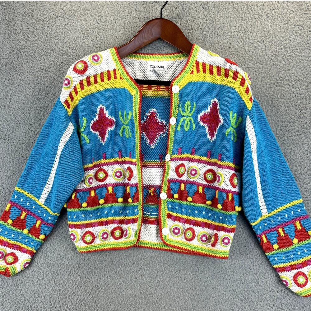 VTG 90s Caridgan Womens Small Artsy Twee Retro Funky Colorful Crop Knit Rainbow